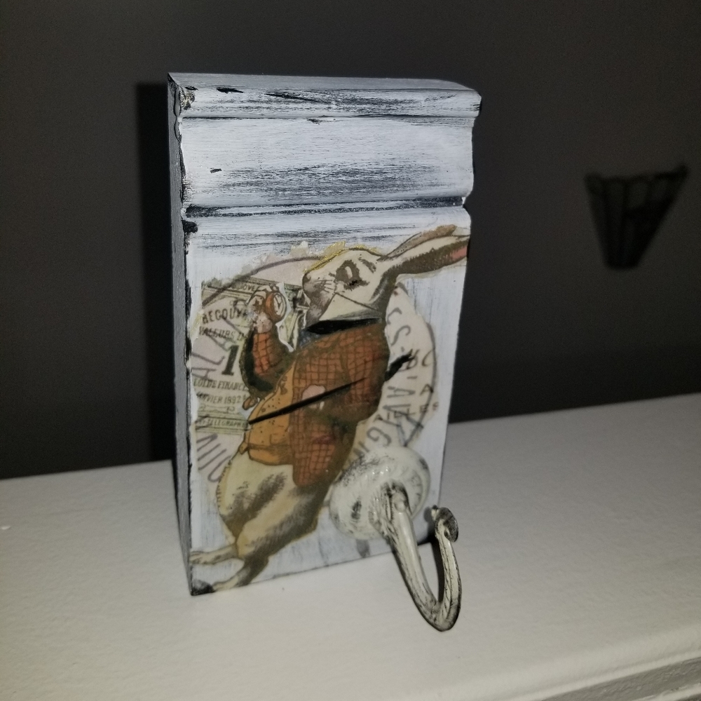 SOLD !!!Alice in wonderland Rabbit distressed wall hook for keys